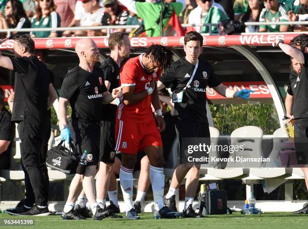 Ashley Williams of Wales walks off the pitch following an injury during the first half of their friendly international soccer match against Mexico at...