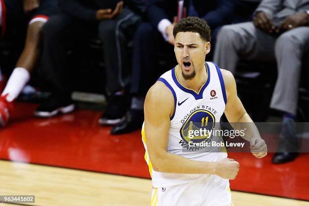 Klay Thompson of the Golden State Warriors reacts in the fourth quarter of Game Seven of the Western Conference Finals of the 2018 NBA Playoffs...