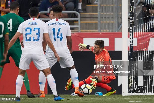 United States goalkeeper Alex Bono dives to stop a shot during the international friendly match between the United States and Bolivia at the Talen...