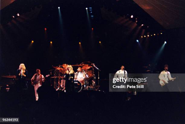 Christine McVie, John McVie, Stevie Nicks, Mick Fleetwood, Billy Burnette and Rick Vito of Fleetwood Mac perform on stage at Wembley Arena on May...