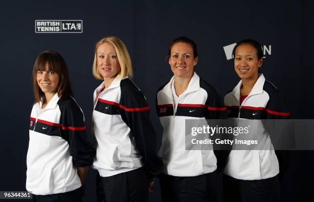 Katie O'Brien, Elena Baltacha, Sarah Borwell and Anne Keothavong of Great Britain pose during the AEGON GB Fed Cup Team Photocall at the LTA on...