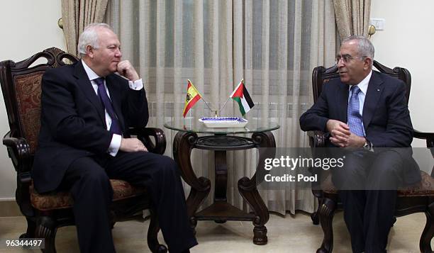 Palestinian Prime Minister Salam Fayyad meets with the Spanish Minister of foreign affairs Miguel Angel Moratinos, at Fayyad office, on February 02,...