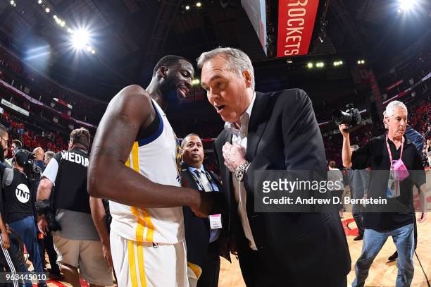 Head Coach Mike D'Antoni of the Houston Rockets and Draymond Green of the Golden State Warriors talk after the game during Game Seven of the Western...