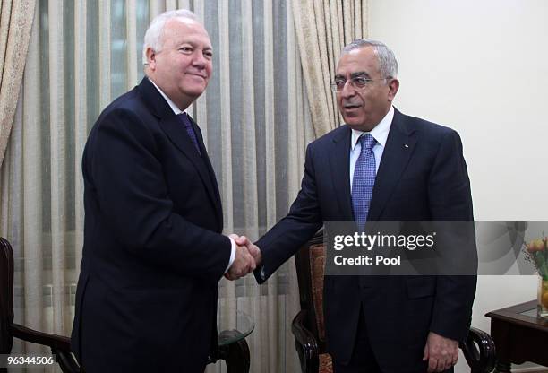 Palestinian Prime Minister Salam Fayyad meets with the Spanish Minister of foreign affairs Miguel Angel Moratinos, at Fayyad office, on February 02,...