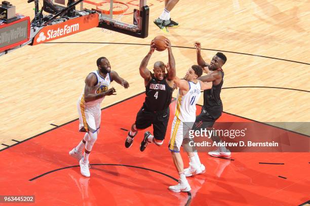 OHOUSTON, TX PJ Tucker of the Houston Rockets grabs the rebound against the Golden State Warriors during Game Seven of the Western Conference Finals...