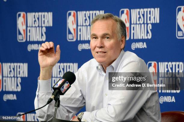 Head Coach Mike D'Antoni of the Houston Rockets talks with media after the game against the Golden State Warriors during Game Seven of the Western...