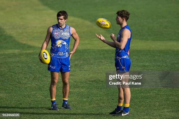 Andrew Gaff and Jack Redden look on during a West Coast Eagles AFL training session at Subiaco Oval on May 29, 2018 in Perth, Australia.