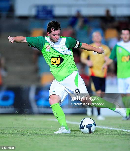 Robbie Fowler of the Fury kicks the ball during the round 25 A-League match between North Queensland Fury and the Newcastle Jets at Dairy Farmers...