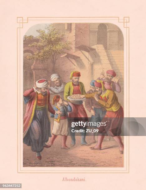 albondokani - the bandit, from arabian nights, lithograph, published 1867 - indian food stock illustrations