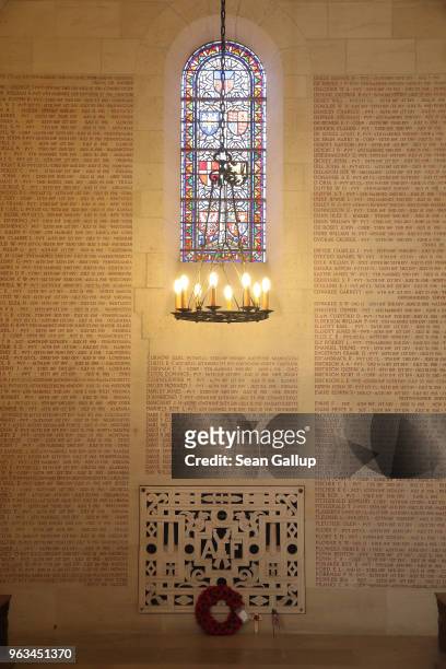 Names of fallen U.S. Soldiers adorn the chapel at the Aisne-Marne American Cemetery near the World War I battlefield at Belleau Wood on May 26, 2018...