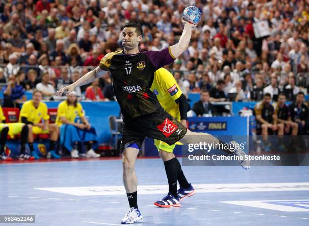 Kiril Lazarov of HBC Nantes is shooting a penalty during the EHF Champions League Final 4 Semi Final between HBC Nantes and Paris Saint Germain at...