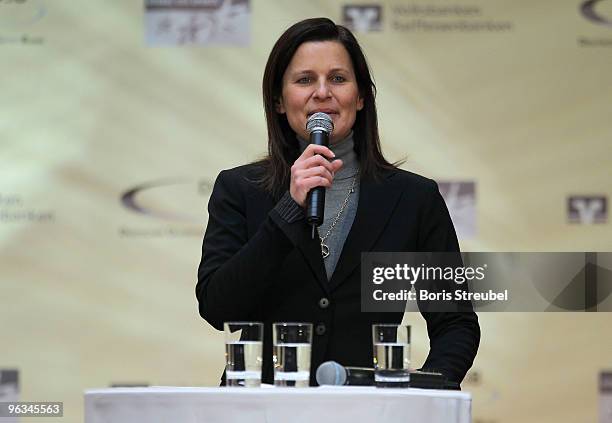 Katrin Mueller-Hohenstein of the ZDF presents the 'Grossen Stern des Sports in Gold 2009' award ceremony at the DZ-Bank on February 2, 2010 in...