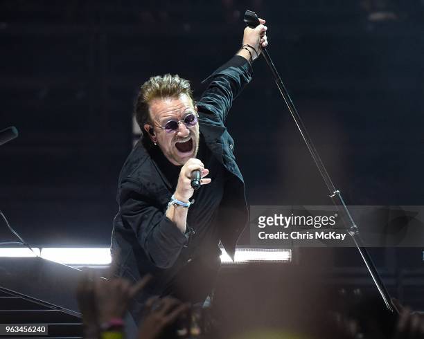 Bono of U2 performs during the eXPERIENCE + iNNOCENCE TOUR at Infinite Energy Arena in Duluth, GA
