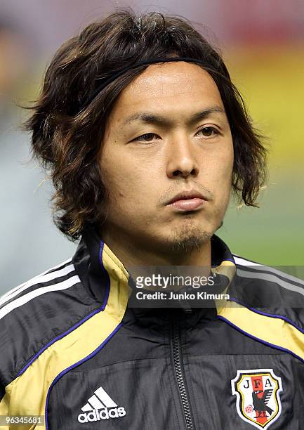 Yasuhito Endo of Japan looks on piror to playing the Kirin Challenge Cup Soccer match between Japan and Venezuela at Kyushu Sekiyu Dome on February...