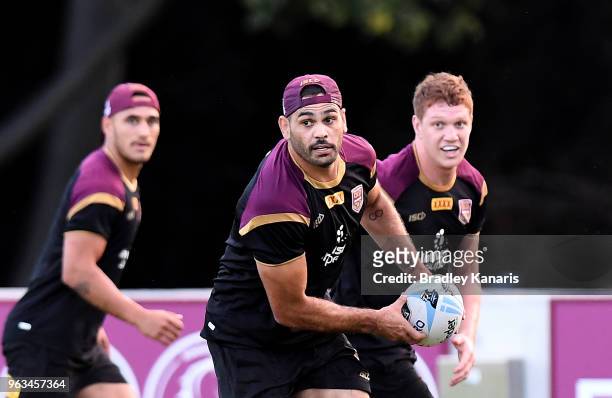 Greg Inglis looks to pass during a Queensland Maroons State of Origin training session on May 29, 2018 in Brisbane, Australia.