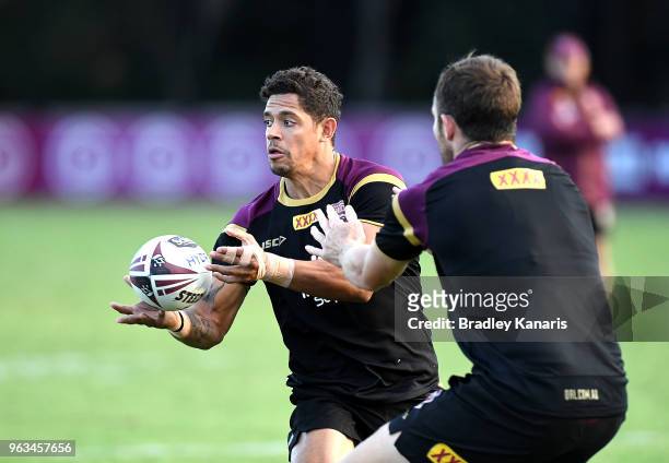 Dane Gagai passes the ball during a Queensland Maroons State of Origin training session on May 29, 2018 in Brisbane, Australia.