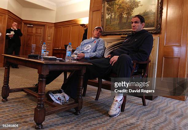 Brian Smith, the England attack coach and Martin Johnson, the England team manager attends a press conference held at Pennyhill Park Hotel on...