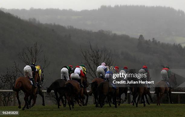 Runners head into the countyside during The Enter The Racecard Competiton Conditional Jockeys' Handicap Hurdle Race run at Taunton Racecourse on...