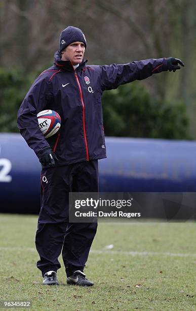 Brian Smith, the England attack coach runs a training session held at Pennyhill Park Hotel on February 2, 2010 in Bagshot, England.