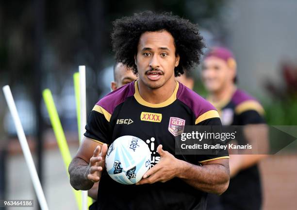 Felise Kaufusi runs through a training drill during a Queensland Maroons State of Origin training session on May 29, 2018 in Brisbane, Australia.