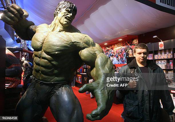 Visitor passes by Hulk effigy, character created by US Stan Lee, at the Musee de la Bande dessinée, on January 29, in Angouleme, western Frduring the...