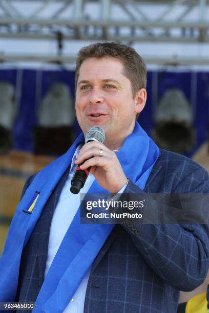 Andrew Scheer speaks during Vesak celebrations in Mississauga, Ontario, Canada, on May 27, 2018. Scheer is the Leader of the Conservative Party and...