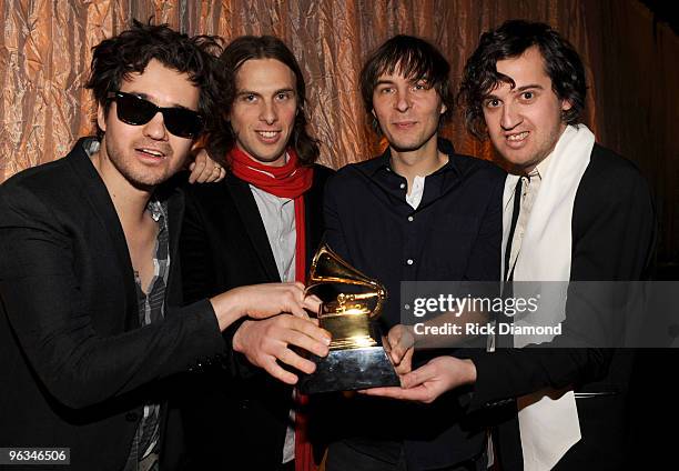 Musicians Laurent Brancowitz, Deck D'Arcy, Thomas Mars, Christian Mazzalai of the music group Phoenix attend the 52nd Annual GRAMMY Awards...