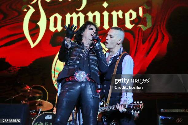 Alice Cooper and Johnny Depp of Hollywood Vampires perform onstage at Olympiysky Sports Complex on May 28, 2018 in Moscow, Russia.