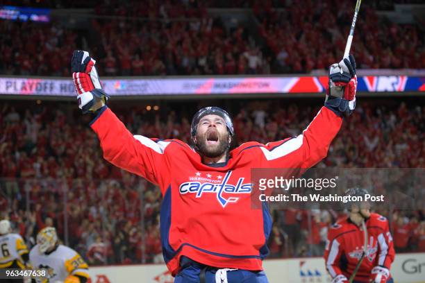 Washington right wing Brett Connolly celebrates his goal during the first period in a game between the Washington Capitals and the Pittsburgh...