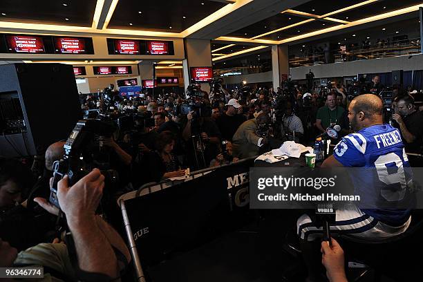 Dwight Freeney of the Indianapolis Colts speaks to members of the media during Super Bowl XLIV Media Day at Sun Life Stadium on February 2, 2010 in...
