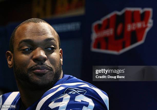 Dwight Freeney of the Indianapolis Colts speaks to members of the media during Super Bowl XLIV Media Day at Sun Life Stadium on February 2, 2010 in...