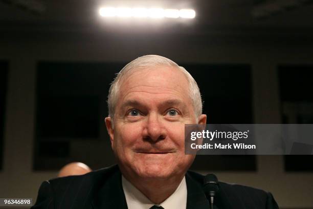 Defense Secretary Robert Gates participates in a Senate Armed Services Committee hearing on Capitol Hill on February 2, 2010 in Washington, DC. The...