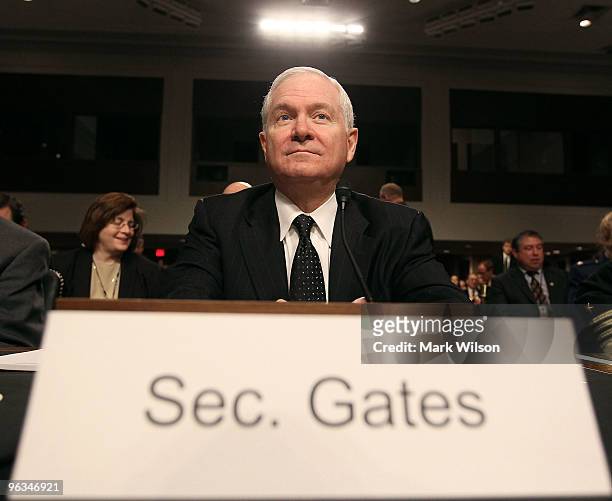 Defense Secretary Robert Gates participates in a Senate Armed Services Committee hearing on Capitol Hill on February 2, 2010 in Washington, DC. The...