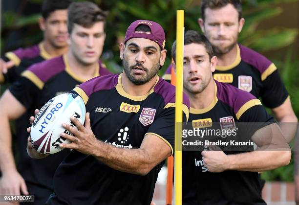 Greg Inglis runs through a training drill during a Queensland Maroons State of Origin training session on May 29, 2018 in Brisbane, Australia.