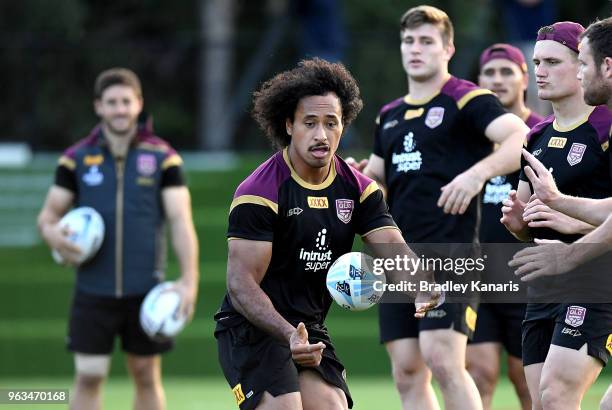 Felise Kaufusi passes the ball during a Queensland Maroons State of Origin training session on May 29, 2018 in Brisbane, Australia.