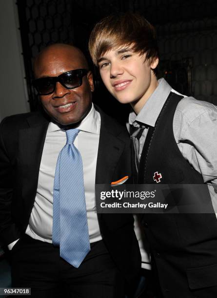 Antonio 'L.A.' Reid, and Justin Bieber attend Antonio "L.A." Reid's Post-GRAMMY Dinner Hosted by Jay-Z at Cecconi's Restaurant on January 31, 2010 in...