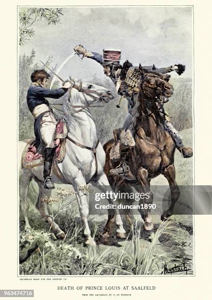 death of prince louis of prussia at battle of saalfeld - hussar cavalry stock illustrations