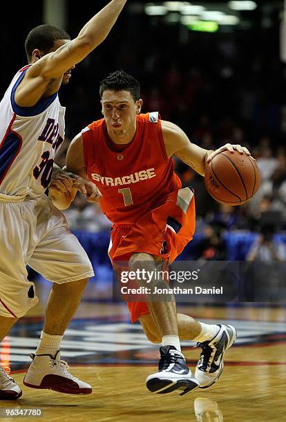 Andy Rautins of the Syracuse Orange moves against Will Walker of the DePaul Blue Demons at the Allstate Arena on January 30, 2010 in Rosemont,...