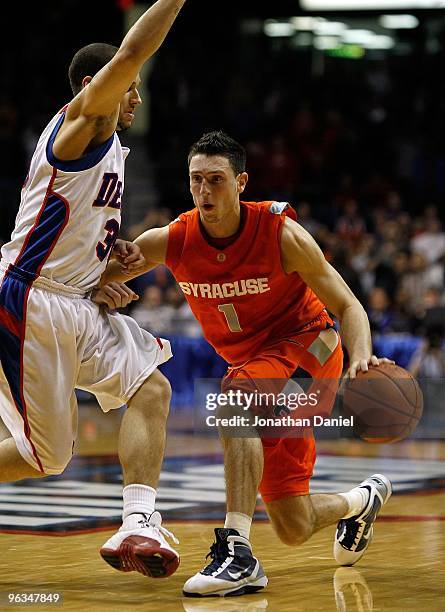 Andy Rautins of the Syracuse Orange moves against Will Walker of the DePaul Blue Demons at the Allstate Arena on January 30, 2010 in Rosemont,...