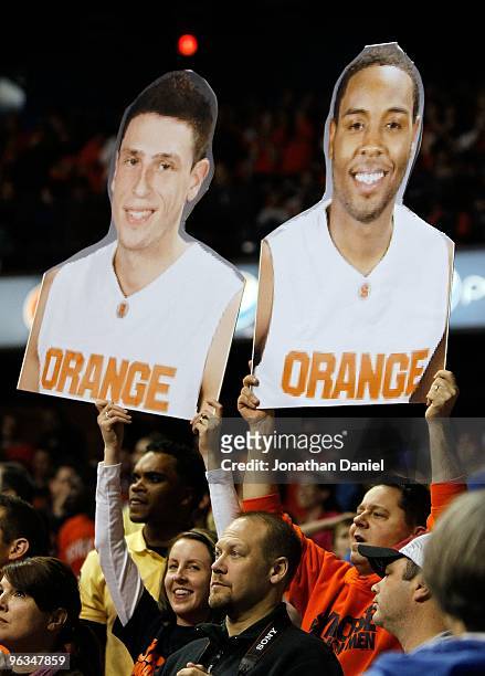 Fans of the Syracuse Orange hold signs during a game against the DePaul Blue Demons at the Allstate Arena on January 30, 2010 in Rosemont, Illinois....