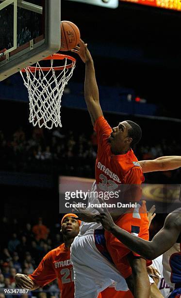 Kris Joseph of the Syracuse Orange puts up a shot over Kris Faber of the DePaul Blue Demons at the Allstate Arena on January 30, 2010 in Rosemont,...