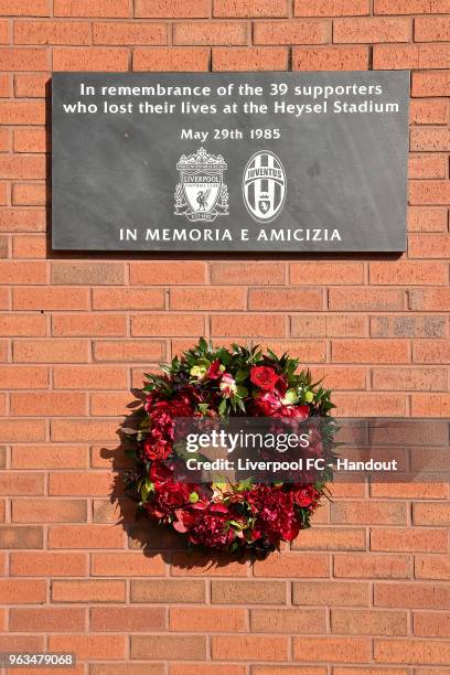 Floral tribute next to the Heysel Memorial Plaque at Anfield on May 29, 2018 in Liverpool, England.