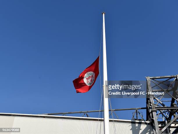 Flag at half mast to commemorate the Heysel disaster at Anfield on May 29, 2018 in Liverpool, England.