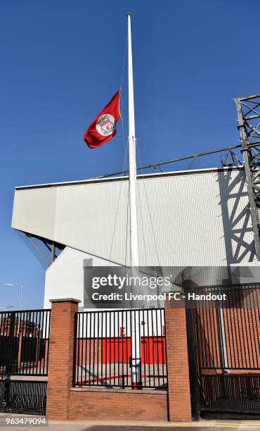 Flag at half mast to commemorate the Heysel disaster at Anfield on May 29, 2018 in Liverpool, England.