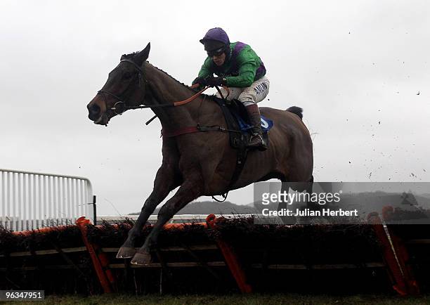 Richard Johnson and Voramar Two clear the last flight before going on to win The Deane Veterinary Centre Novices' Hurdle Race run at Taunton...