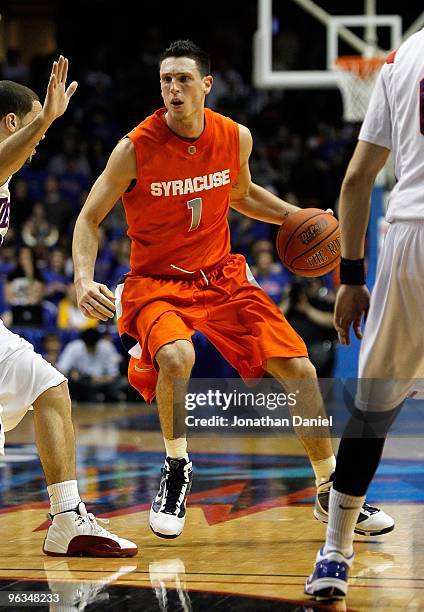 Andy Rautins of the Syracuse Orange moves against Will Walker of the DePaul Blue Demons at the Allstate Arena on January 30, 2010 in Rosemont,...