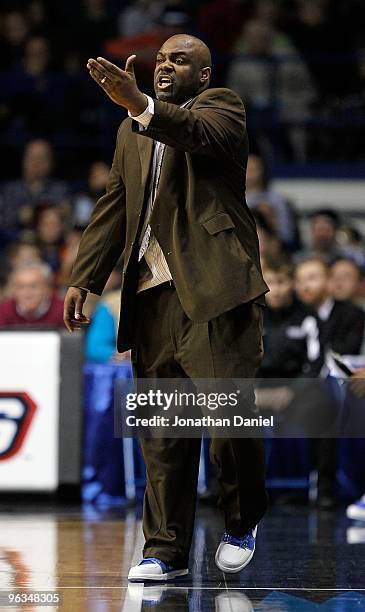 Interim head coach Tracy Webster of the DePaul Blue Demons gives instructions to his team during a game against the Syracuse Orange at the Allstate...