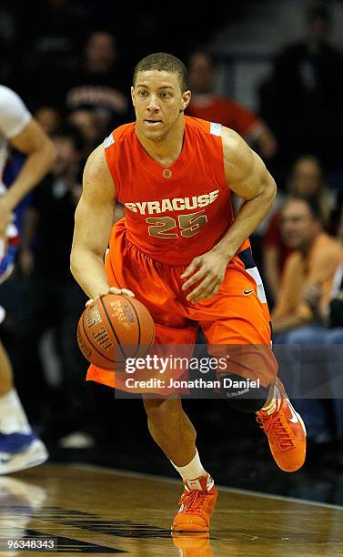 Brandon Triche of the Syracuse Orange brings the ball up court against the DePaul Blue Demons at the Allstate Arena on January 30, 2010 in Rosemont,...