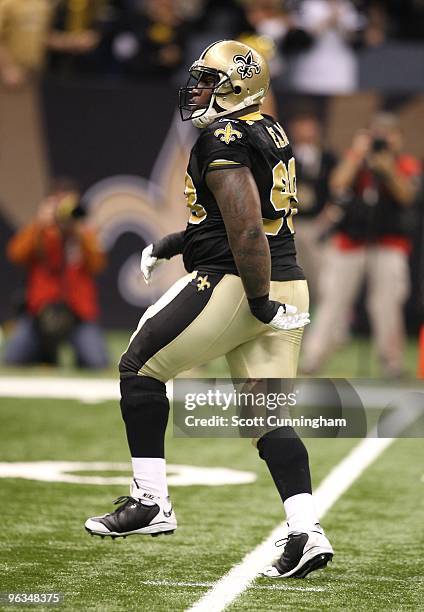 Sedrick Ellis of the New Orleans Saints celebrates after a sack during the NFC Divisional Playoff Game against the Arizona Cardinals at the Louisiana...