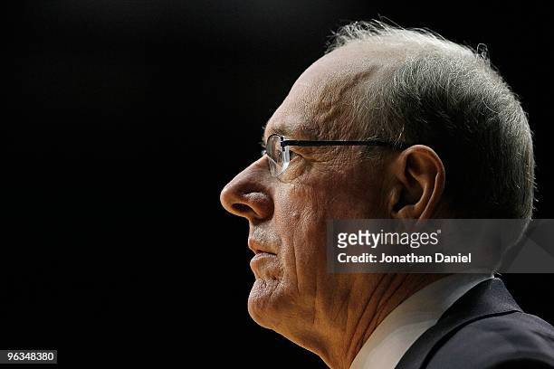 Head coach Jim Boeheim of the Syracuse Orange watches as his team takes on the DePaul Blue Demons at the Allstate Arena on January 30, 2010 in...